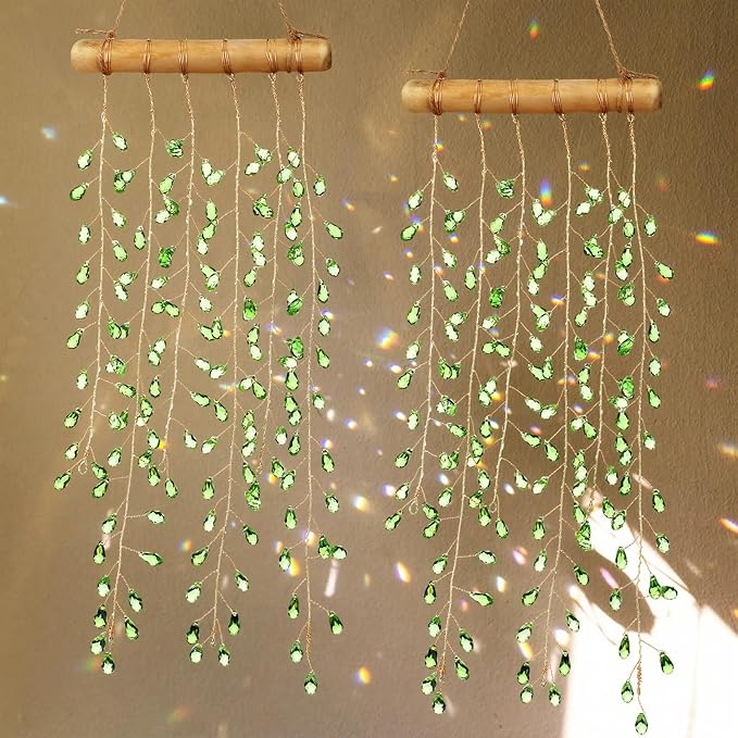 Suncalla 2 Pcs Crystal Suncatchers for Window Boho Decor Hanging Sun Catcher Making Rainbow Green Plants Artificial Crystal Prisms Wind Chime with Chain for Garden Home Wedding Ornament Gift