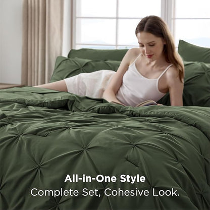 Bedsure Twin Comforter Set Olive Green - Bed in a Bag Twin Size Bedding 5 Pieces, GentleSoft™ Pintuck Bed Set Gift for Family, Pinch Pleat Olive Green Comforter with Sheets, Pillowcase & Sham
