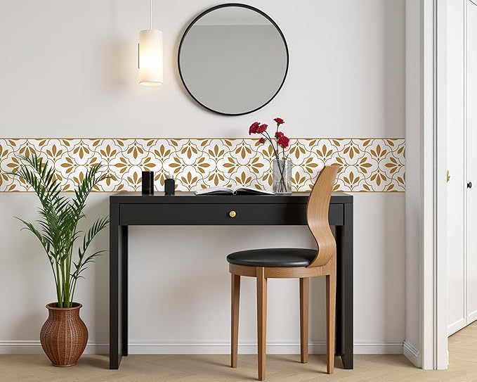 FLFK Wallpaper Border Gold and White Patterns Peel and Stick Wall Border Self Adhesive Wallpapers for Living Room Bedroom Kitchen Bathroom 9"x240"
