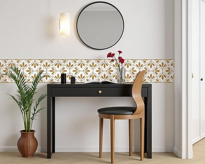 FLFK Wallpaper Border Gold and White Patterns Peel and Stick Wall Border Self Adhesive Wallpapers for Living Room Bedroom Kitchen Bathroom 9"x240"