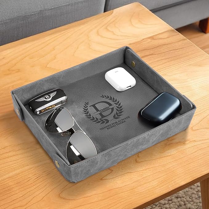 Engraved Leather Valet Tray for Men – Personalized Catchall with Custom Name for Desk, Dresser, Nightstand – Men's Organizer Tray for Keys, Wallet, Jewelry, Personalized Gift for Home, Office - Grey