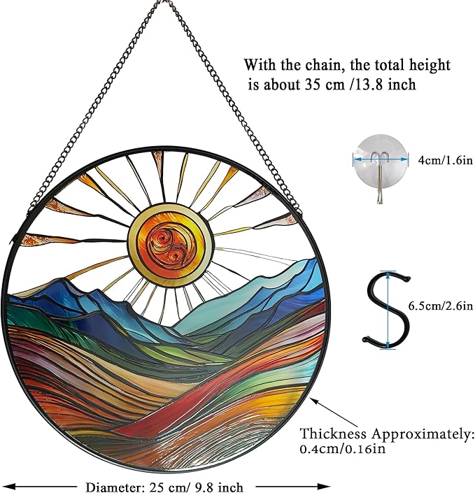 Sun Mountains Stained Glass Window Hanging, 9.8’’Sun Catcher Glass Panel Boho Wall Art Decor with Chain, Hand Painted Round Glass Gifts for Couples, Housewarming Gift