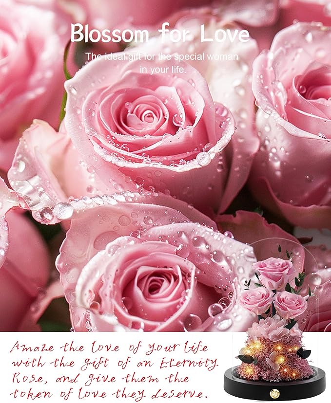 Valentines Day Flowers Roses Gifts for Her,Forever Real Preserved Roses in Glass Dome,Valentines Day Anniversary Birthday Gifts for Wife Girlfriend Women Mom Best Friend Her/Pink Rose