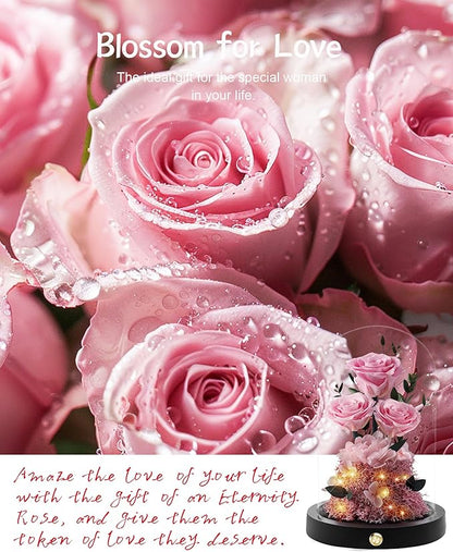 Valentines Day Flowers Roses Gifts for Her,Forever Real Preserved Roses in Glass Dome,Valentines Day Anniversary Birthday Gifts for Wife Girlfriend Women Mom Best Friend Her/Pink Rose