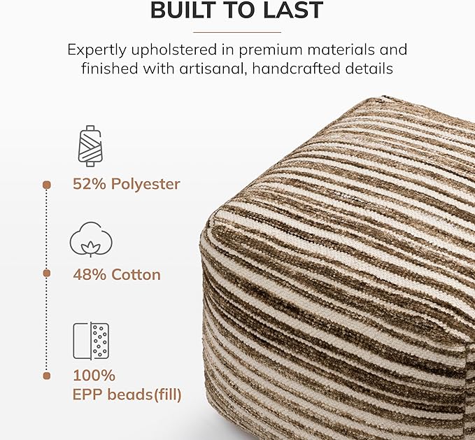 Anji Mountain 100% Handmade & Handcrafted Comfortable Home Décor Pouf Ottoman Footrest for Living Room, Bedroom, Nursery, Kidsroom, Patio Furniture - (22" x 22" x 16" - Brown)