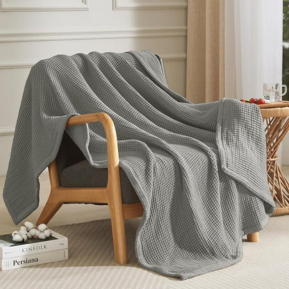 PHF 100% Cotton Waffle & Muslin Throw Blanket Large, Soft Breathable Luxury 400GSM Versatile Reversible Bedding for Couch, Great for Layering in Cold Weather, Home Decor Gift, 50" x 70", Frosted Grey