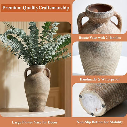 Ceramic Vase with Handles 11 inch Tall Rustic Vases Brown Terracotta Vase,Vintage Decorative Farmhouse Pottery Vase Wabi Sabi for Home Decor,Living Room,Dining Room,Wedding,Table Decoration