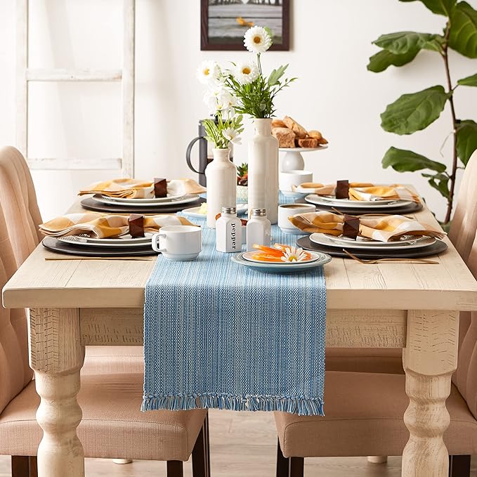 DII Variegated Tabletop Collection, Table Runner, 13x108, Light Blue