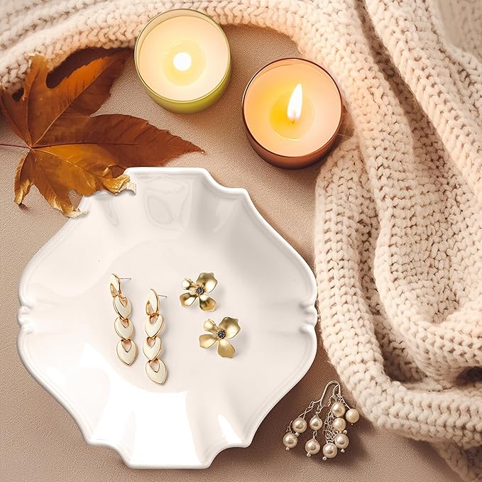 Ceramic Jewelry Dish, Decorative Tray for Rings Earrings Necklaces Bracelet Watch Keys, 4.50" Trinket Tray as Gifts for Women (White Court)