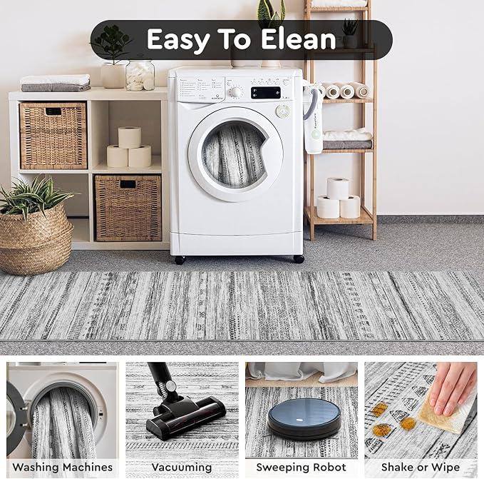 2x6 Runner Rug Machine Washable Non Slip Area Rug Distressed Neutral Moroccan Boho Rug Ultra Soft Floor Runners for Hallways for Entryway Laundry Room Kitchen, Black