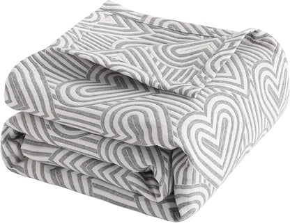 NTBAY 3 Layers Cotton Muslin 88x92 Queen Bed Blanket, Super Soft Breathable Thermal Yarn Dyed Quilt for Adults, Perfect Lightweight Blanket for Couch Sofa Bed All Seasons, Grey Heart