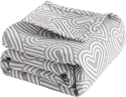 NTBAY 3 Layers Cotton Muslin 88x92 Queen Bed Blanket, Super Soft Breathable Thermal Yarn Dyed Quilt for Adults, Perfect Lightweight Blanket for Couch Sofa Bed All Seasons, Grey Heart