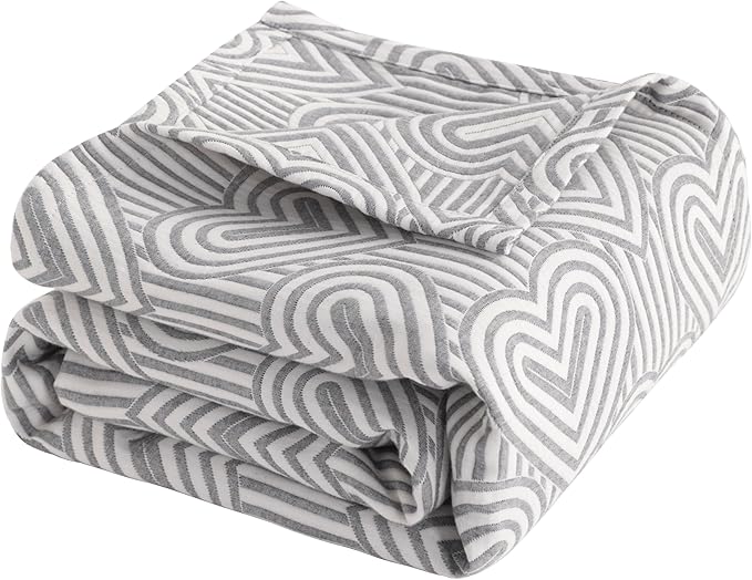 NTBAY 3 Layers Cotton Muslin 106x92 King Bed Blanket, Super Soft Breathable Thermal Yarn Dyed Quilt for Adults, Perfect Lightweight Blanket for Couch Sofa Bed All Seasons, Grey Heart