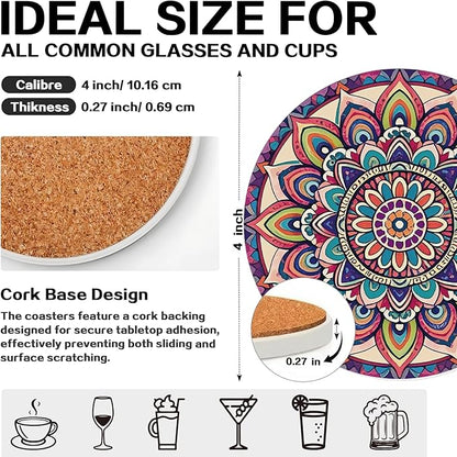 zcyhtqp, Funny Absorbent Round Ceramic Stone Coasters Set of 4 with Cork Base, Mandala Drink Coasters, Ceramic Boho Coasters, Gifts for Home, Kitchen, Bar, Office Table Décor