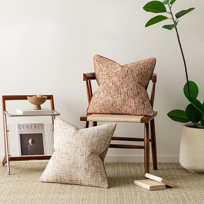 a moment Fall Rust Orange Reversible Pillow Covers 2 Pack - Farmhouse Chenille Throw Pillows, Neutral Textured Decorative Throw Pillow Covers with Border for Couch Sofa Bed (12x20 Inch, No Insert)