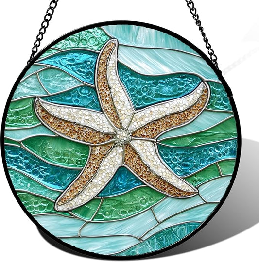 Stained Glass Window Hanging Teal Sea Waves Starfish Large 15" - Suncatcher Door Garden Sun Catcher Home Decor Birthday Mother's Day for Mom Men Woman Parents Her Child Nana