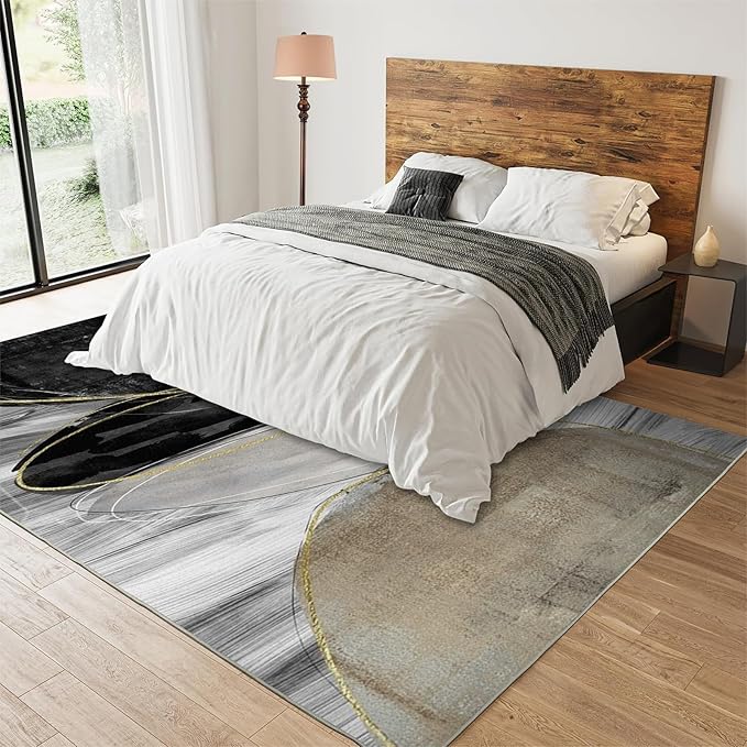 Nordic Light Luxury Gray Pebbles Gold Line Area Rug, Mid-Century Abstract Black Brown Circle Outdoor Carpe, Machine Washable Breathable Durable Carpet for Front Entrance Floor Decor,6 x 9ft