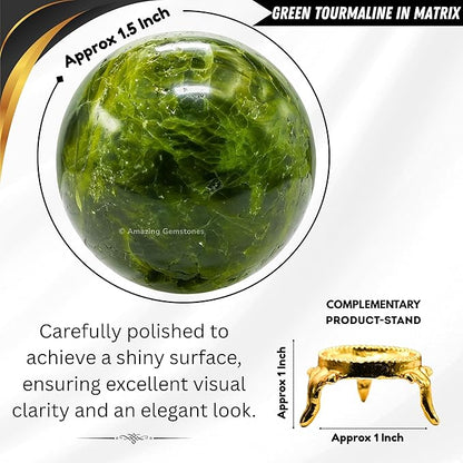 Amazing Gemstone Green Tourmaline in Matrix Ball with Stand - 1.5 Inches Crystal Sphere Meditation Balls for Witchcraft and Decorative Balls