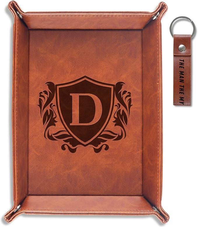 INNObeta Initial Valet Tray, Desktop Storage Organizer, PU Leather Bedside Tray Key Coin Holder, Personalised Gifts for Men, Birthday, Christmas, Letter D