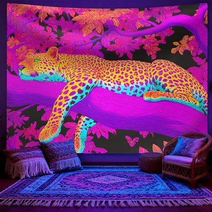 seewan Black Light Leopard Tapestry, UV-Reactive Glow-in-the-Dark Sleeping Jaguar Wall Hanging, Psychedelic Pink Jungle Animal Art Wall Decoration for Bedroom, Dorm, or Living Room Background