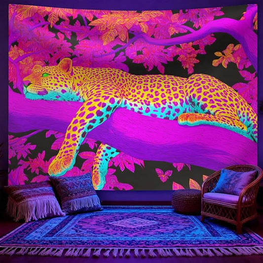 seewan Black Light Leopard Tapestry, UV-Reactive Glow-in-the-Dark Sleeping Jaguar Wall Hanging, Psychedelic Pink Jungle Animal Art Wall Decoration for Bedroom, Dorm, or Living Room Background