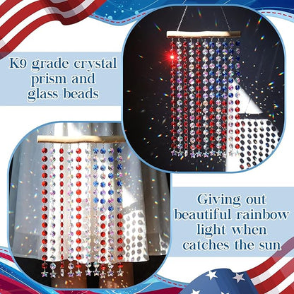 Suncalla 2 Pcs 4th of July Crystal Suncatcher American Flag Wind Chime with Chain Patriotic Window Decor Red Blue and White USA Hanging Making Rainbow Prism for 250th Anniversary Garden Home Gift