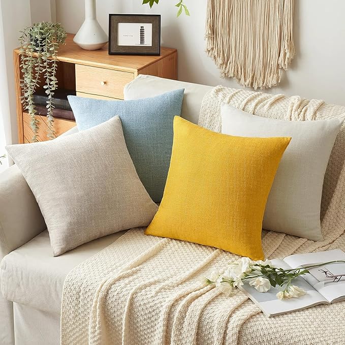 MIULEE Pack of 2 Decorative Linen Burlap Textured Pillow Covers Farmhouse Boho Accent Pillowcases Spring Home Decor for Couch Sofa Bedroom Living Room 18x18 Inch Bright Yellow