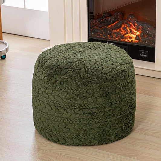 Unstuffed Ottoman Pouf Cover – Round Faux Fur Footstool Plush Floor Pouf (No Filler Included) Perfect for Living Room, Bedroom, or Office Lounge (Green, 20x20x15 in)