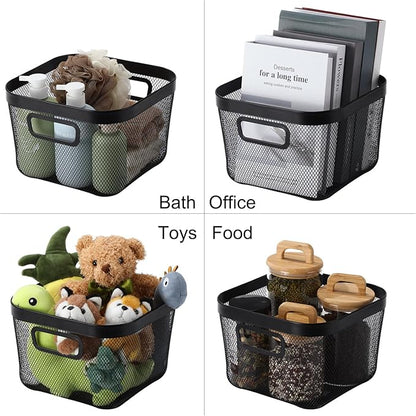 4 Pack Metal Mesh Basket with Hollow Handles Black Wire Storage Bin for Organizing Stackable Metal Fine Mesh Basket for Pantry Bathroom Kitchen Cabinets Shelves (Medium and Large)