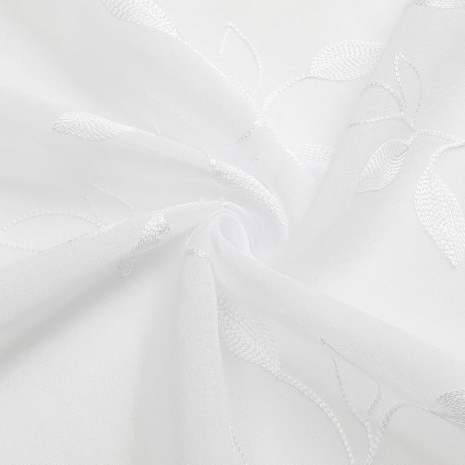 Tollpiz White Leaf Sheer Curtains Leaves Embroidered Living Room Curtain Rod Pocket Voile Window Treatments for Bedroom, 54 x 63 inches Long, Set of 2 Panels