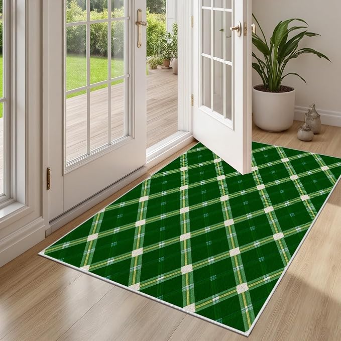 Plaid Rug - 3x5 Rug for Living Room, Geometric Stripes Soft Neutral Indoor Floor Carpet, Non-Slip Stain Resistant Modern Washable Rugs for Bedroom, Green Area Rugs