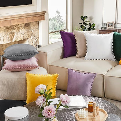 Deconovo Velvet Throw Pillow Covers, Set of 2, Decorative Pom-poms Soft with Invisible Zipper Cover for Sofa,Netural Grey,20x20 Inch