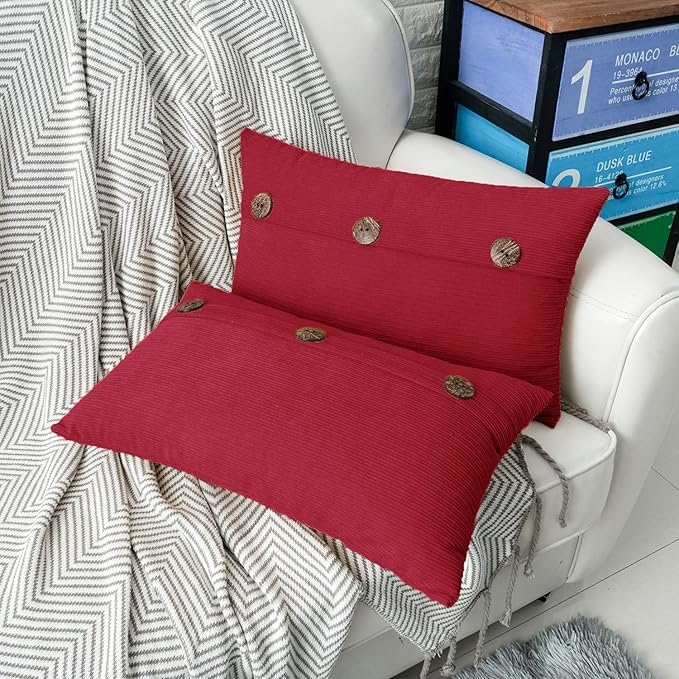 HWY 50 Red Chenille Throw Pillow Covers 12x20 Inch with Triple Buttons, Soft Farmhouse Accent Decorative Cushion Cases for Couch Sofa Bed Living Room Pack of 2 Rectangle