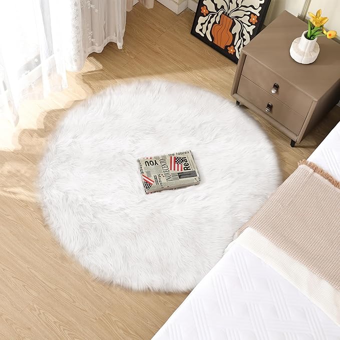 White Small Circle Fluffy Rugs for Bedroom Washable Faux Sheepskin Shaggy Fur Area Rugs for Living Room Round Rug 4ft Nursery Rug