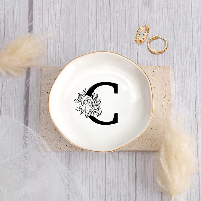 JoycuFF Initial C Ceramic Jewelry Tray, Bridesmaid Bride Gifts, Mothers Day Christmas Anniversary Engagement Birthday Gifts for Women Couples, Trinket Dish for Rings Earrings Necklaces Bracelets Keys