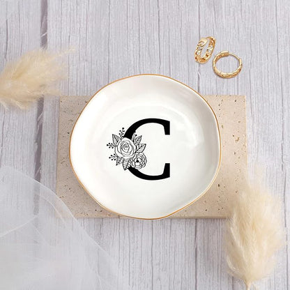 JoycuFF Initial C Ceramic Jewelry Tray, Bridesmaid Bride Gifts, Mothers Day Christmas Anniversary Engagement Birthday Gifts for Women Couples, Trinket Dish for Rings Earrings Necklaces Bracelets Keys