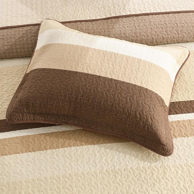 SahSahCasa 128"x120" 100% Cotton Oversized California King XL Bedspread Coverlet Quilt Set, Cal King Quilted Striped Bedspread Extra Large Quilt, Bed Spread Lightweight Comforter, Brown/Beige