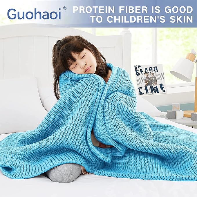 Guohaoi Knitted Weighted Blanket(Blue 60"x80" 20lbs),Home Décor Cooling Throw Blanket for Hot Sleepers,Hand Made Chunky Knit Heavy Blanket for Adults Use on Queen/King Size Bed