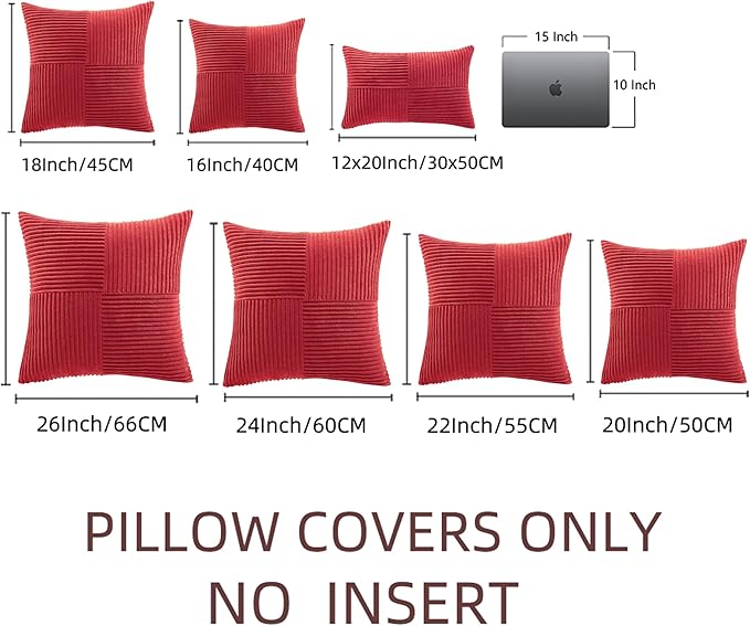 Fancy Homi 2 Packs Red Decorative Throw Pillow Covers 20x20 Inch for Living Room Couch Bed Sofa, Holiday Christmas Home Decor Gift, Soft Corss Corduroy Patchwork Accent Square Cushion Case 50x50 cm
