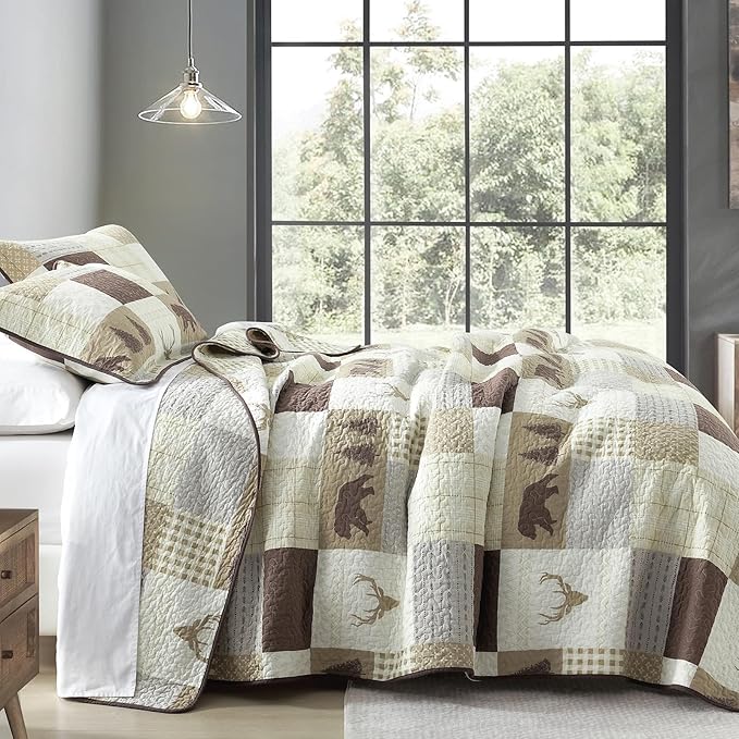 Quilts Queen Size, Quilt Bedding Set Bedspread, 100% Cotton Farmhouse Rustic for Bed, Reversible Lightweight Comforter Bed Spread with Wildlife Patterns, Cream/Brown/Gray, Queen(90/''x98/'')