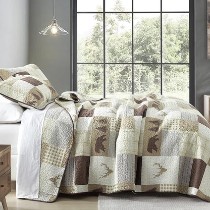 Quilts Queen Size, Quilt Bedding Set Bedspread, 100% Cotton Farmhouse Rustic for Bed, Reversible Lightweight Comforter Bed Spread with Wildlife Patterns, Cream/Brown/Gray, Queen(90/''x98/'')