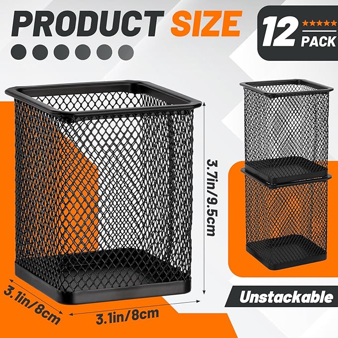 Segarty Pen Cup Holder, 12 Pack Square Black Pen Holder for Desk, Metal Mesh Pencil Cups Bulk for Office Supplies, School Classroom, Desktop Accessories, Makeup Brush