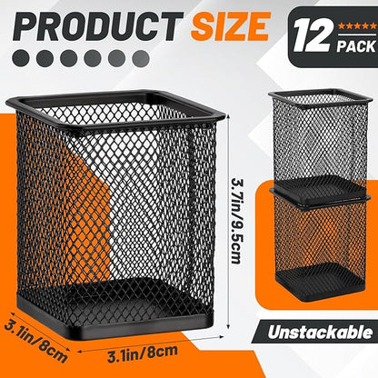 Segarty Pen Cup Holder, 12 Pack Square Black Pen Holder for Desk, Metal Mesh Pencil Cups Bulk for Office Supplies, School Classroom, Desktop Accessories, Makeup Brush