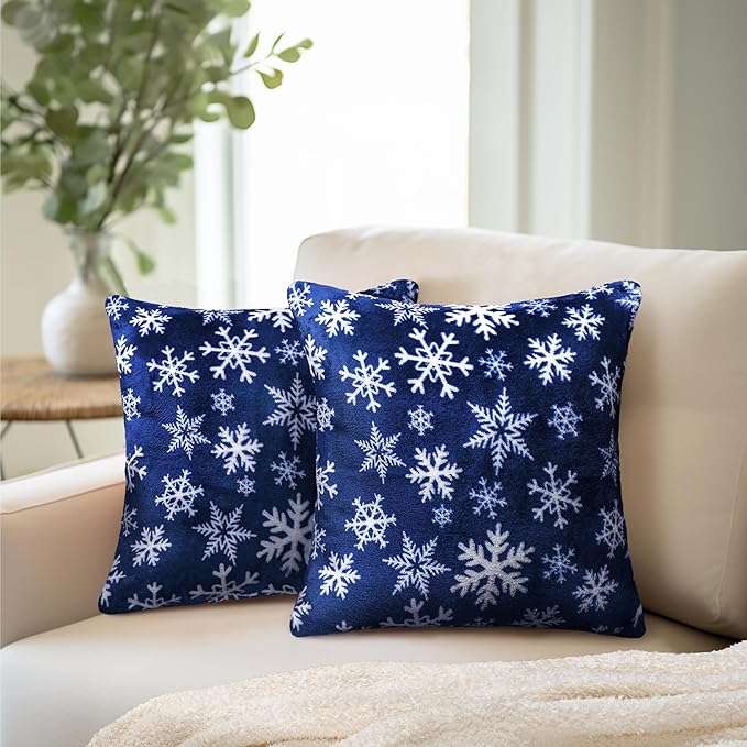 PAVILIA Holiday Throw Pillow Covers 20x20 Set of 2, Decorative Pillow Cases Bed Sofa Couch, Christmas Winter Accent Decor Cushion Bedroom Living Room, Velvet Square Euro Sham Covers, Snowflake Blue