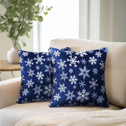 PAVILIA Holiday Throw Pillow Covers 20x20 Set of 2, Decorative Pillow Cases Bed Sofa Couch, Christmas Winter Accent Decor Cushion Bedroom Living Room, Velvet Square Euro Sham Covers, Snowflake Blue