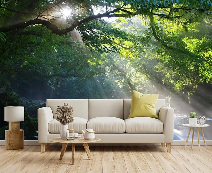 Mountain Stream and Beams of Light Mural with Sunlight Shining on The Running Water in The Forest Wall Mural, Non-self-Adhesive Wallpaper（Non-self-Adhesive）