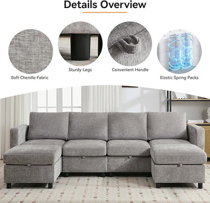 58”Modular Sectional Loveseat Sofa, Modern Love Seat 2 Seater Sofa Couch with Storage, Chenille Modular Sectional Couch for Living Room, Bedroom, Office, Small Apartment, Light Grey