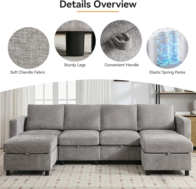 58”Modular Sectional Loveseat Sofa with Storage, Comfy Office L Shaped Sofa Couch, Chenille Love Seat Modular Sectional Couch with Movable Ottoman for Living Room, Bedroom, Light Grey