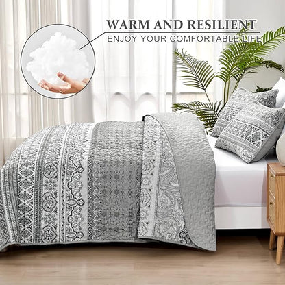 WONGS BEDDING Boho King Quilt Set, Grey Bohemian King Quilt Bedding Set, Lightweight Microfiber Bed Decor Bedspread for All Season 103"x90"(3 Pieces)
