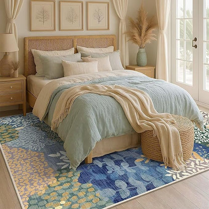 DEXDE Washable Area Rugs 6x9 for Living Room, Floral Large Rug Boho Print Vintage Low Pile Non Slip Carpet for Bedroom Kids Room Nursery Office Dinning Room,Blue